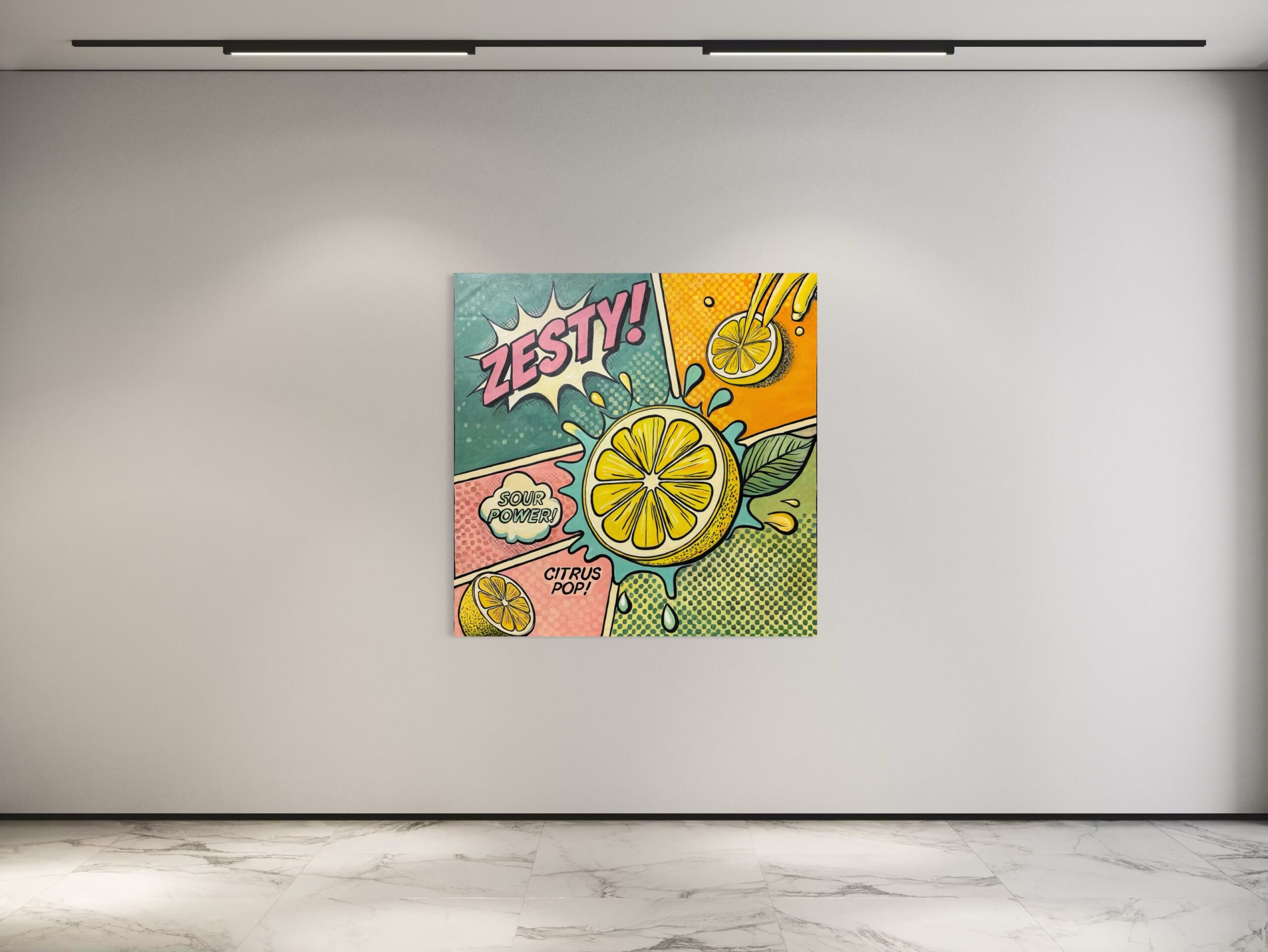Zesty – Pop-Art von Il Scimmia. Acrylgemälde in Pastelltönen, das das Paradoxon zwischen Sauer und Süß erforscht.