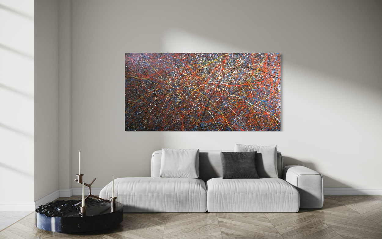 Handgemaltes abstraktes Kunstwerk im expressiven Stil – Farbspritzer in Rot, Blau, Gelb und Weiß in dynamischer Komposition inspiriert vom Action Painting.