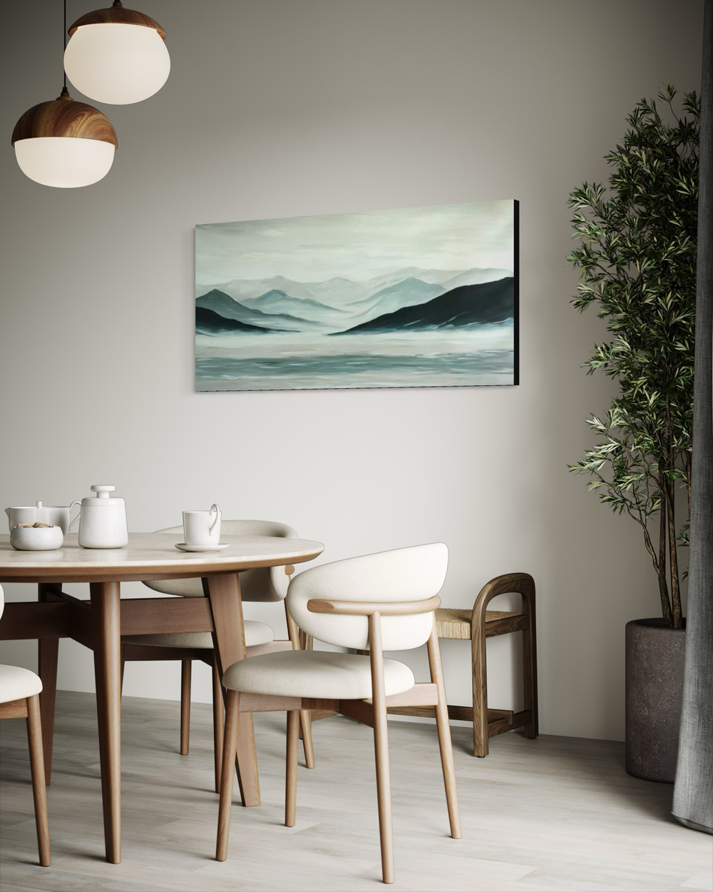 Ein handgemaltes Kunstwerk von Michelanemo, das die nordische Natur und Ruhe einfängt – sanfte Töne von Blau, Grau und Weiß in harmonischem Gleichgewicht.