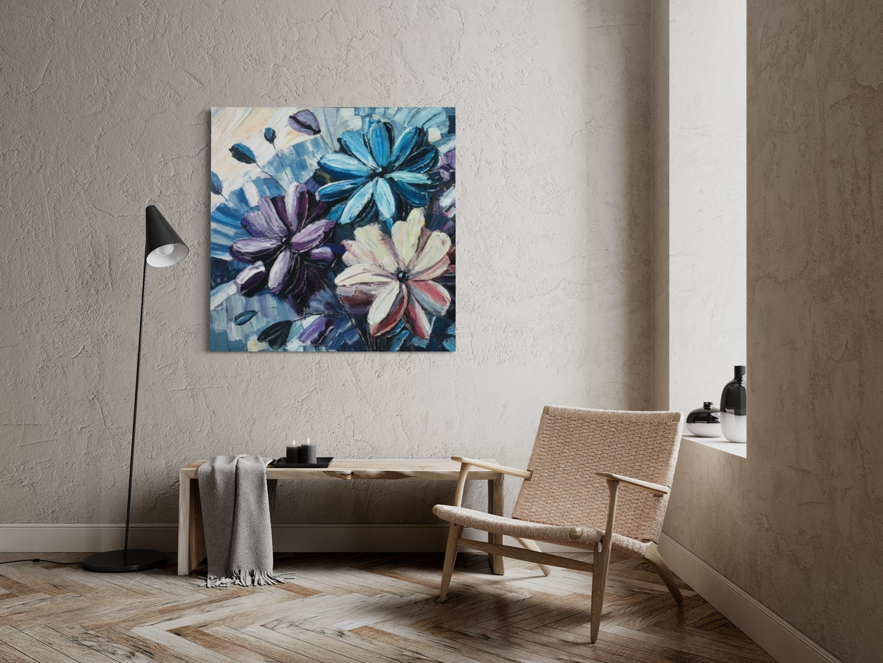 Dieses Gemälde wurde in Impasto-Technik ausgeführt, bei der kraftvolle Pinselstriche und dick aufgetragene Farbschichten eine lebendige Tiefe und eine deutlich spürbare, haptische Struktur erzeugen.