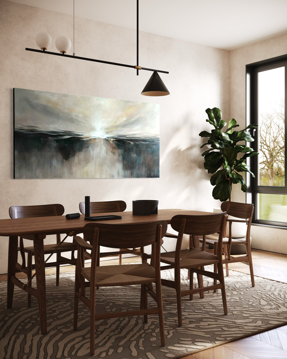 Handgemaltes abstraktes Landschaftsbild in Grau- und Blautönen mit Lichtzentrum und dynamischen Pinselstrichen.