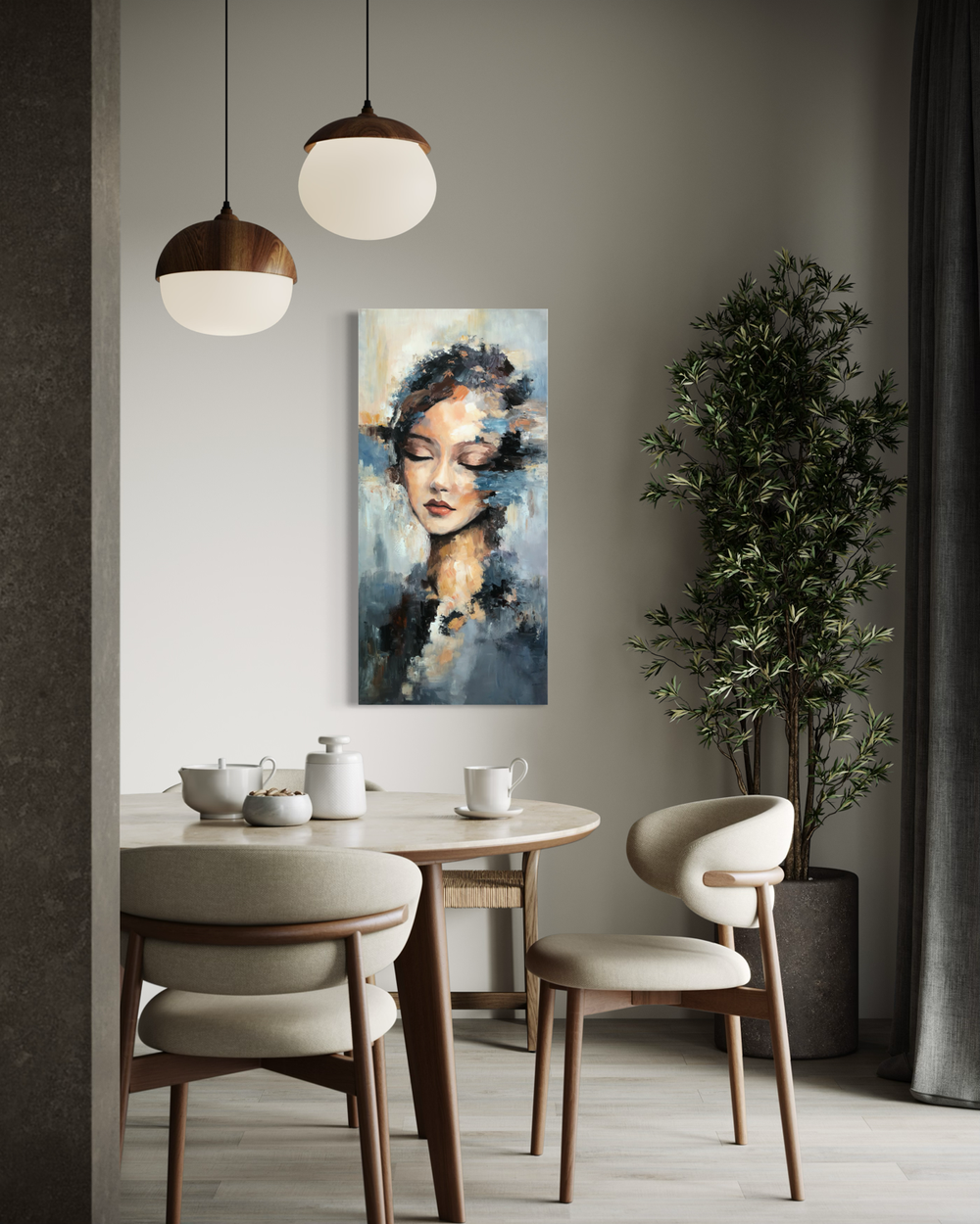 Käsin maalattu muotokuva naisesta, silmät suljettuina sinisissä ja harmaissa sävyissä.