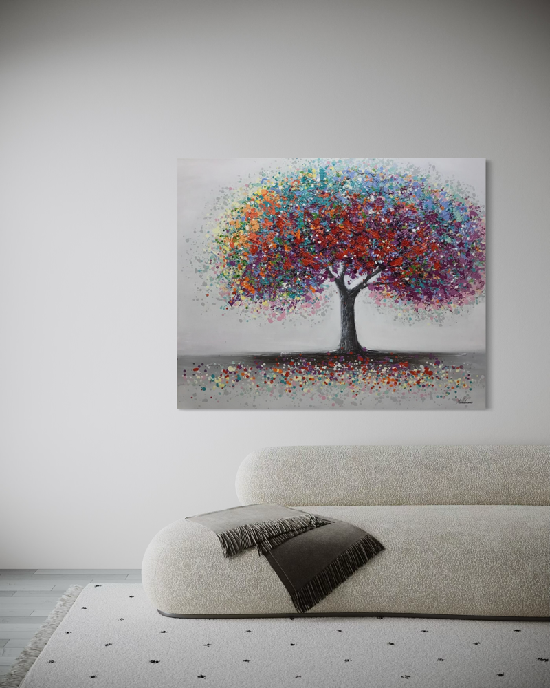 Ein Gemälde mit einem Baum als Motiv.