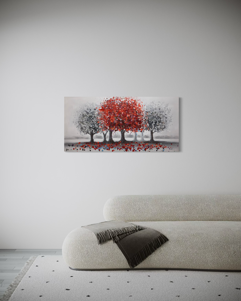 Ein Gemälde mit einem roten Baum